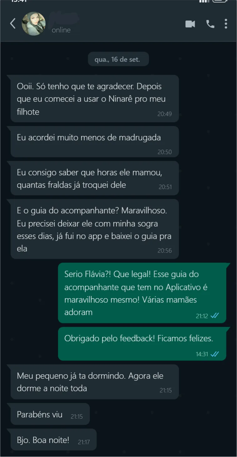 Conversa no WhatsApp: mãe conta como usa o Ninarê no dia a dia.