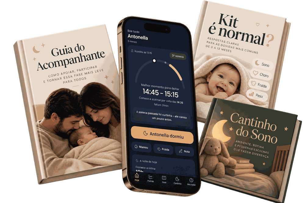 Kit Ninarê: o app aberto na tela "melhor momento para deitar", ao lado do Guia do Acompanhante, do Kit É Normal? e do Cantinho do Sono.