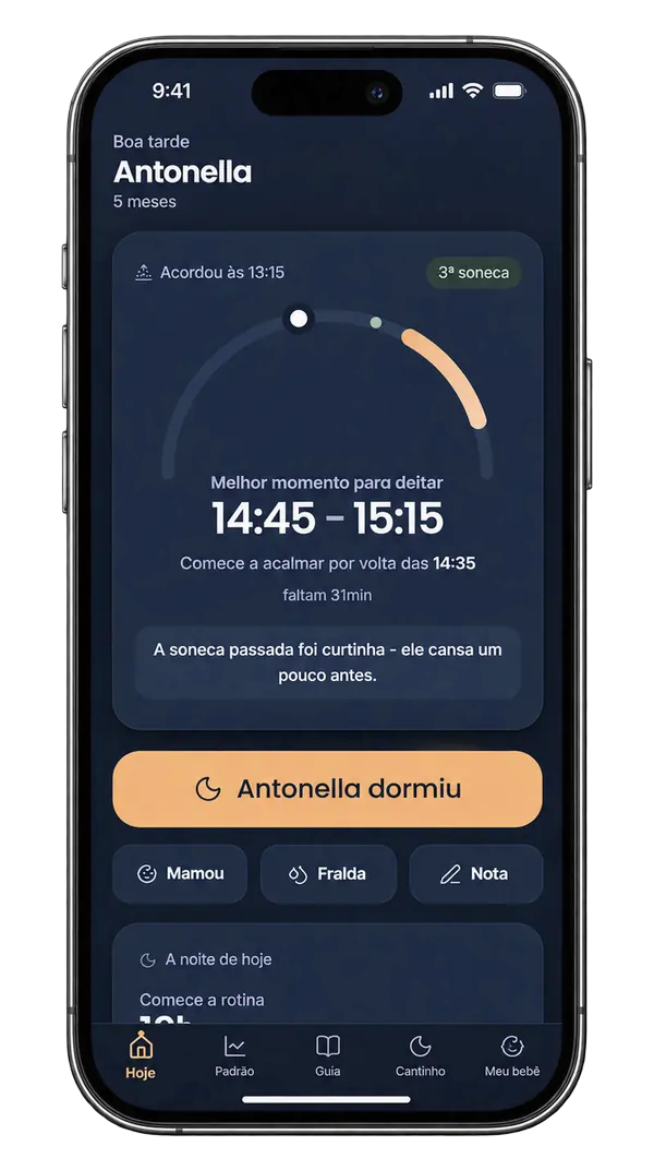 Tela Hoje do app: arco da janela de sono com o melhor momento para deitar entre 14:45 e 15:15 e o aviso de começar a acalmar às 14:35.