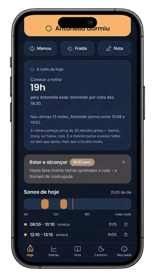 Card A noite de hoje: comece a rotina às 19h para o bebê estar dormindo por volta das 19:30, com a faixa das últimas 13 noites.
