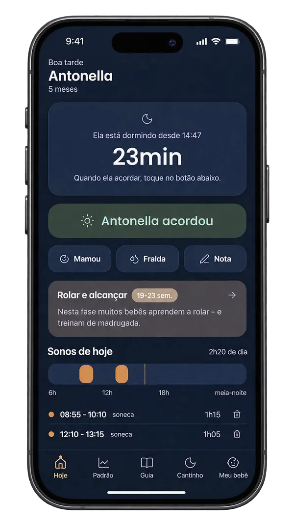 Tela Hoje com o sono em andamento: dormindo há 23 minutos e o botão para marcar quando acordar.