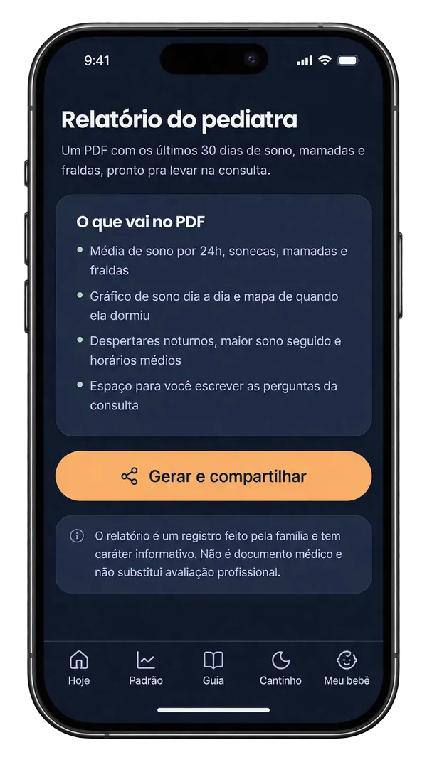 Tela Relatório do pediatra: PDF com os últimos 30 dias de sono, mamadas e fraldas, pronto para levar na consulta.
